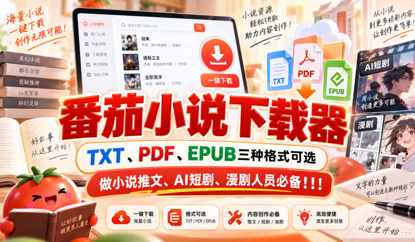 番茄小说下载器,TXT、PDF、EPUB三种格式可选,做小说推文、AI短剧、漫剧人员必备!!!-赛德副业库