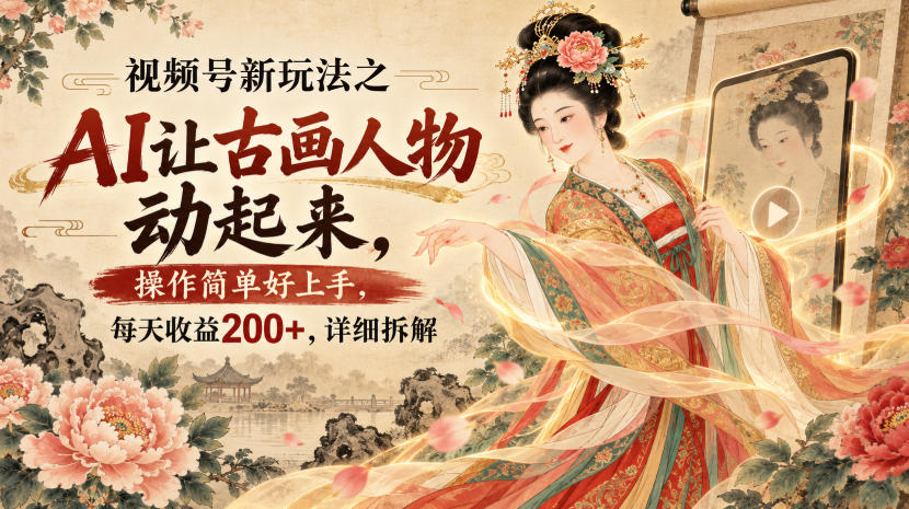 视频号新玩法之AI让古画人物动起来，操作简单好上手，每天收益200+，详细拆解-赛德副业库