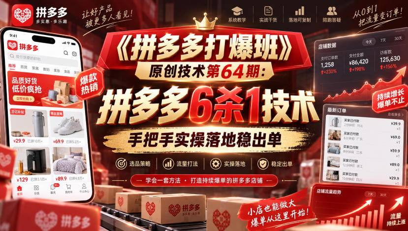 《拼多多打爆班》原创技术第64期：拼多多6杀1技术，手把手实操落地稳出单-赛德副业库