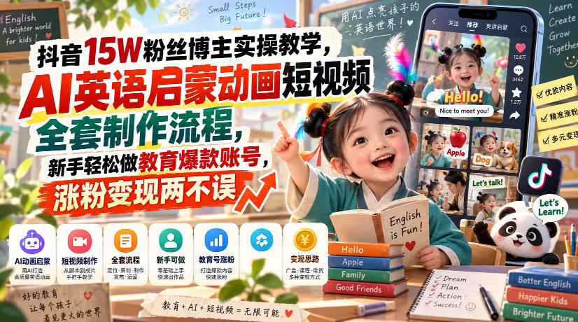 抖音15W粉丝博主实操教学，AI英语启蒙动画短视频全套制作流程，新手轻松做教育爆款账号，涨粉变现两不误-赛德副业库