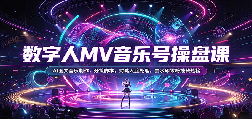 数字人MV音乐号操盘课:AI图文音乐制作,分镜脚本,对嘴人脸处理,去水印零粉挂载热榜-赛德副业库