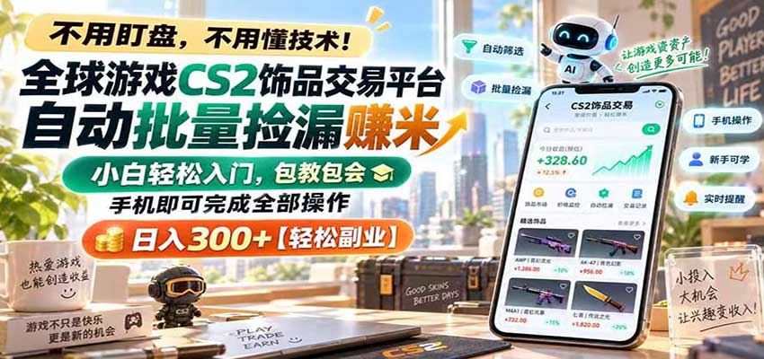 全球游戏CS2饰品交易平台自动批量捡漏赚米,手机即可完成全部操作,日入300+-赛德副业库
