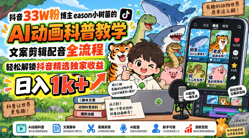 抖音33W粉博主eason小树苗的AI动画科普教学,文案剪辑配音全流程,轻松解锁抖音精选独家收益,日入1k+-赛德副业库