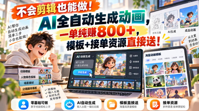 不会剪辑也能做!AI全自动生成动画,一单纯賺800+,模板+接单资源直接送!【揭秘】-赛德副业库
