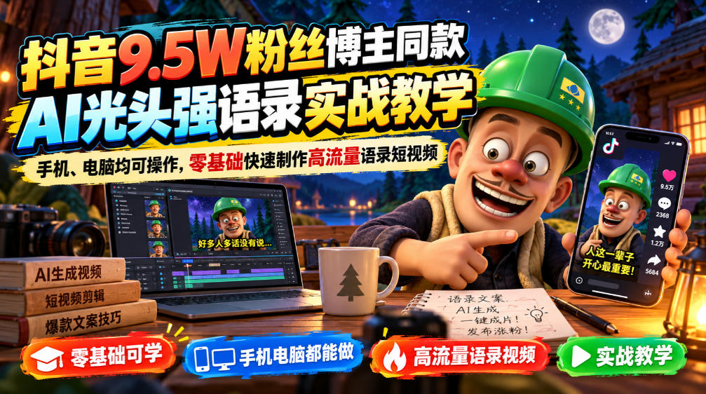 抖音9.5W粉丝博主同款AI光头强语录实战教学,手机、电脑均可操作,零基础快速制作高流量语录短视频-赛德副业库