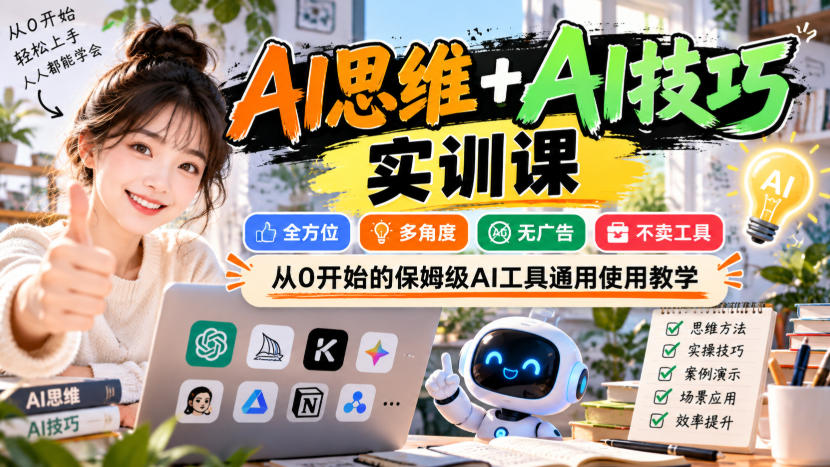 AI思维+AI技巧实训课,全方位、多角度、无广告、不卖工具,从0开始的保姆级AI工具通用使用教学-赛德副业库