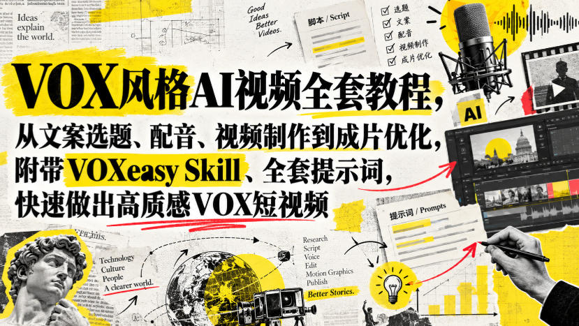 VOX风格AI视频全套教程,从文案选题、配音、视频制作到成片优化,附带VOXeasy Skill、全套提示词,快速做出高质感VOX短视频-赛德副业库