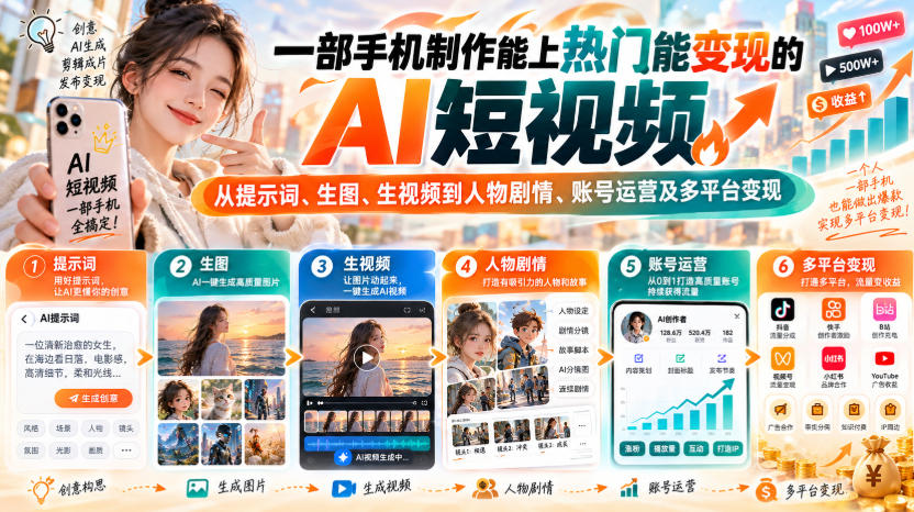 【无水印】一部手机制作能上热门能变现的AI短视频,从提示词、生图、生视频到人物剧情、账号运营及多平台变现-赛德副业库