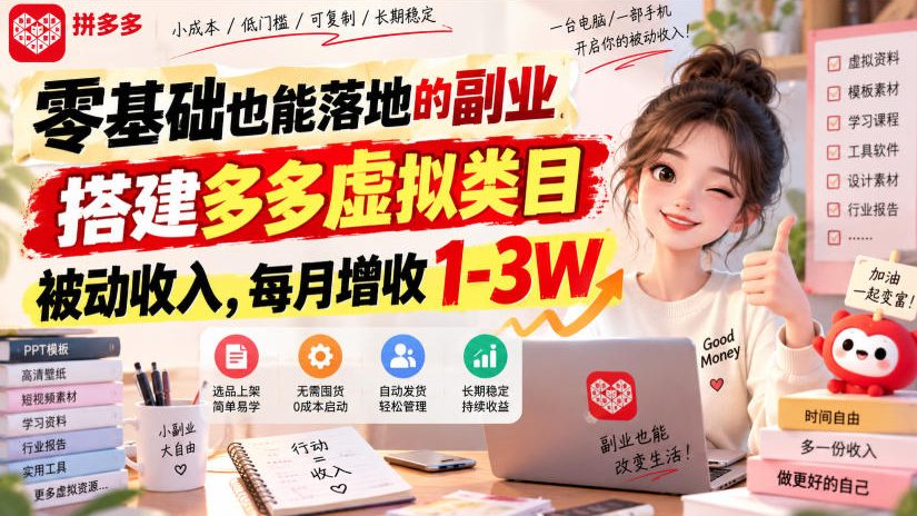 零基础也能落地的副业，搭建多多虚拟类目被动收入，每月增收1-3W【揭秘】-赛德副业库