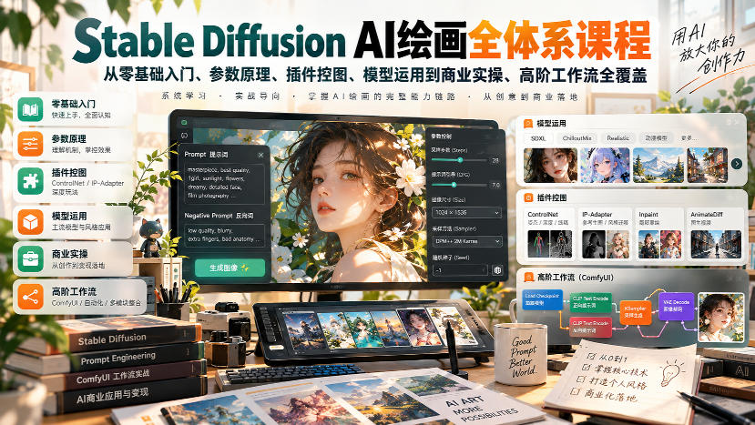 【无水印】Stable Diffusion AI绘画全体系课程,从零基础入门、参数原理、插件控图、模型运用到商业实操、高阶工作流全覆盖-赛德副业库