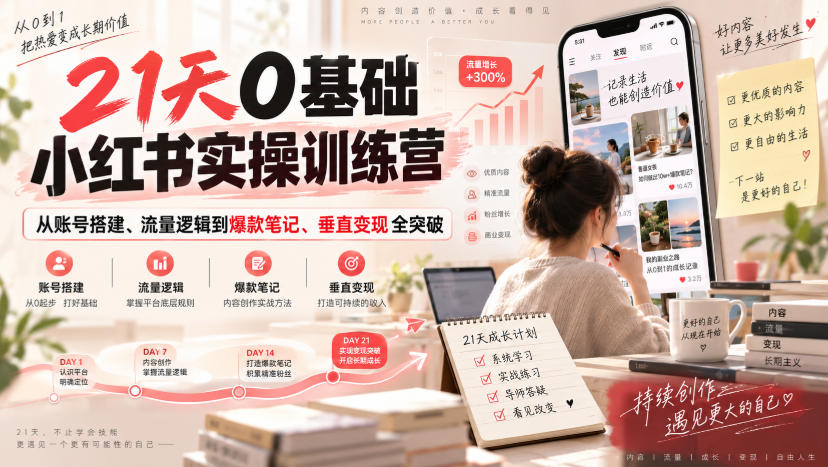 21天0基础小红书实操训练营|从账号搭建、流量逻辑到爆款笔记、垂直变现全突破-赛德副业库