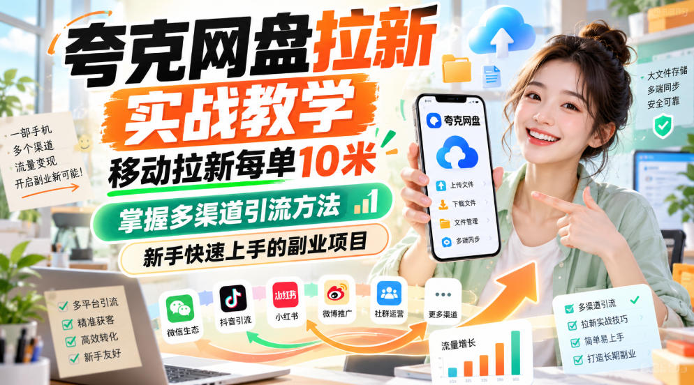夸克网盘拉新实战教学，移动拉新每单10米，掌握多渠道引流方法，新手快速上手的副业项目-赛德副业库