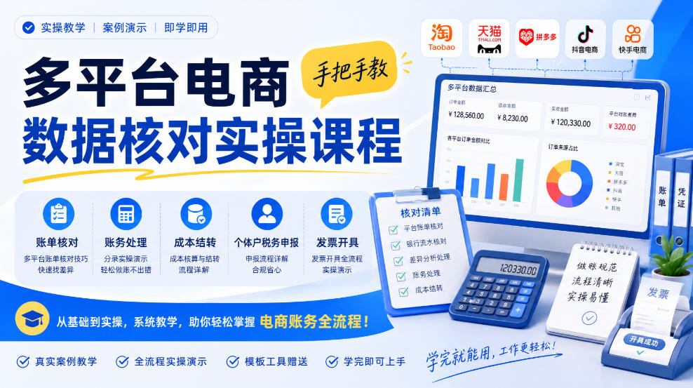 多平台电商数据核对实操课程，手把手教账单核对、账务处理、成本结转、个体户税务申报与发票开具-赛德副业库