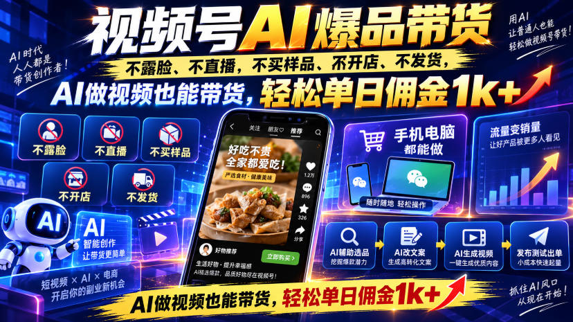 视频号Ai爆品带货,不露脸、不直播、不买样品、不开店、不发货,AI做视频也能带货,轻松单日佣金1k+-赛德副业库