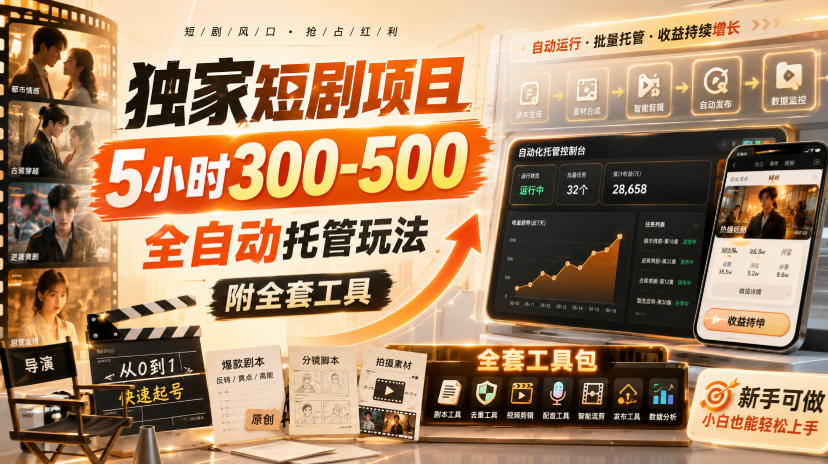 独家短剧项目,5小时300-500,全自动托管玩法,附全套工具【揭秘】-赛德副业库