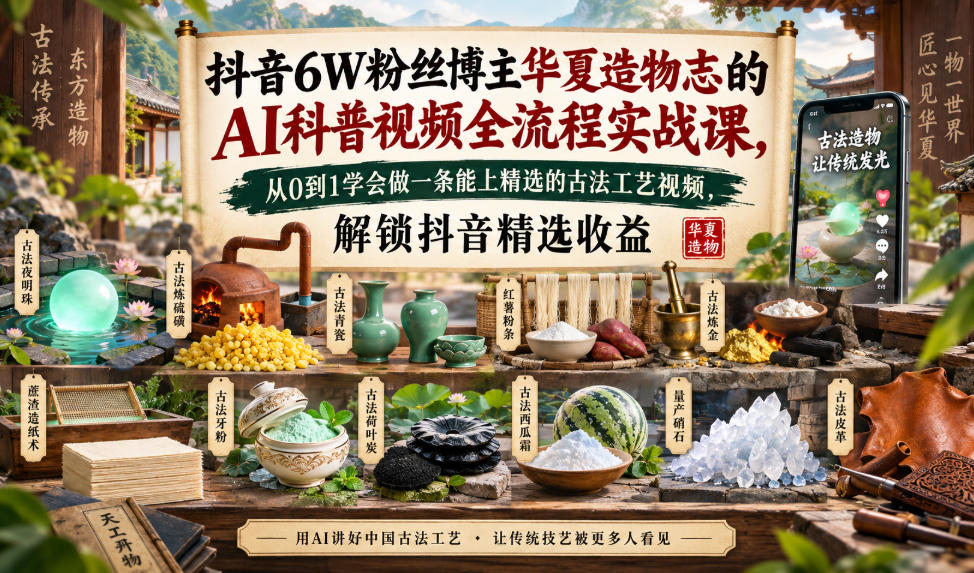 抖音6W粉丝博主华夏造物志的AI科普视频全流程实战课,从0到1学会做一条能上精选的古法工艺视频,解锁抖音精选收益-赛德副业库