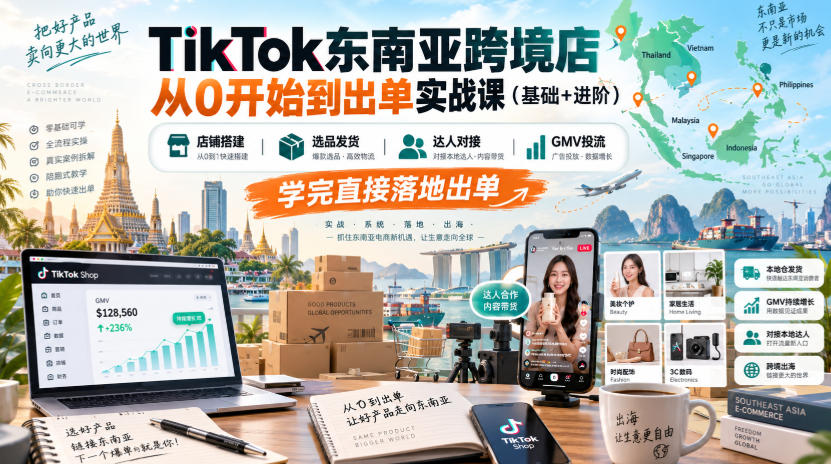 TikTok东南亚跨境店从0开始到出单实战课(基础+进阶),店铺搭建、选品发货、达人对接、GMV投流,学完直接落地出单-赛德副业库