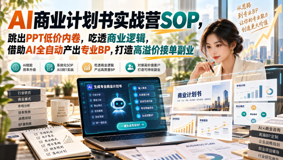 【无水印】AI商业计划书实战营SOP,跳出PPT低价内卷,吃透商业逻辑,借助AI全自动产出专业BP,打造高溢价接单副业-赛德副业库