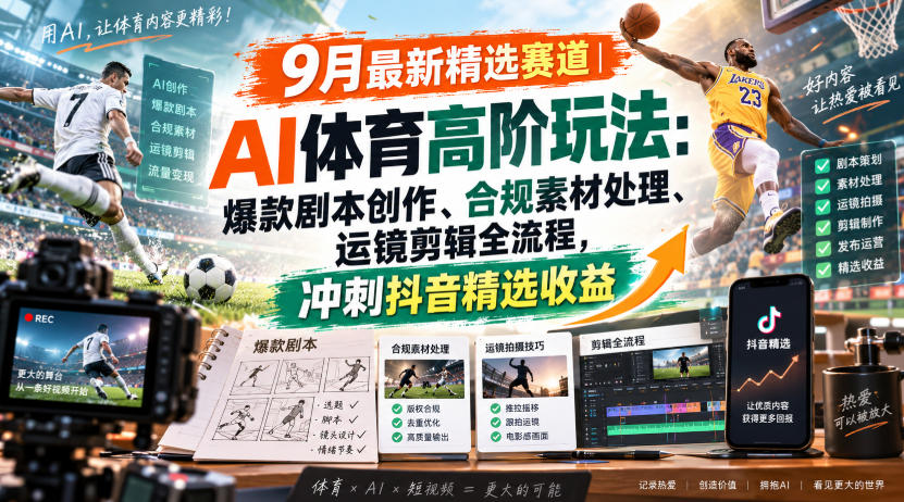某大佬的9月最新精选赛道之AI体育顶级玩法，爆款剧本创作、版权规避、运镜剪辑全流程，稳拿抖音精选收益-赛德副业库