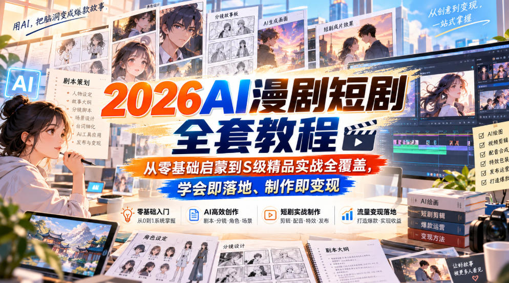 【无水印】2026AI漫剧短剧全套教程,从零基础启蒙到S级精品实战全覆盖,学会即落地、制作即变现-赛德副业库
