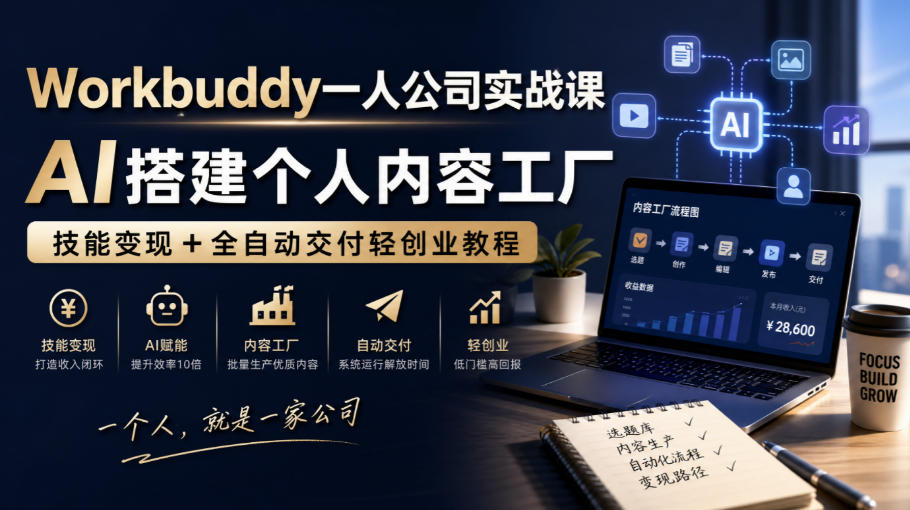 Workbuddy一人公司实战课,AI搭建个人内容工厂,技能变现+全自动交付轻创业教程-赛德副业库