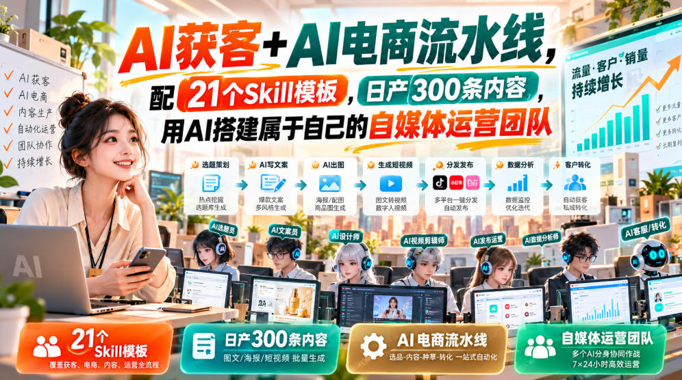 AI获客+AI电商流水线，配21个Skill模板，日产300条内容，用AI搭建属于自己的自媒体运营团队-赛德副业库