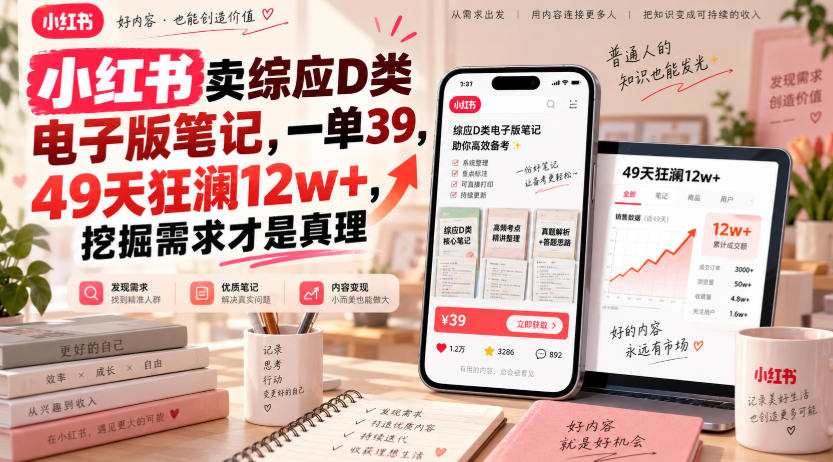 小红书卖综应D类电子版笔记,一单39,49天狂澜12w+,挖掘需求才是真理-赛德副业库