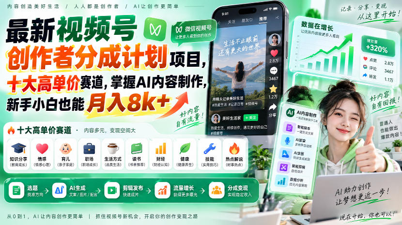 最新视频号创作者分成计划项目,十大高单价赛道,掌握AI内容制作,新手小白也能月入8k+-赛德副业库