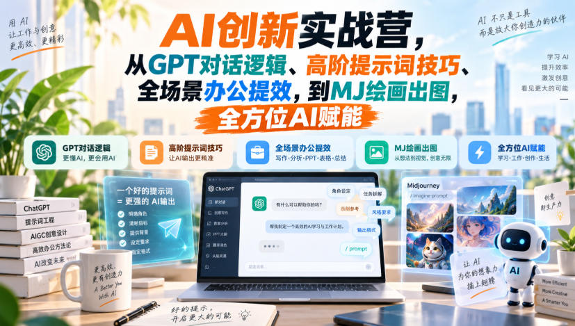AI创新实战营，从GPT对话逻辑、高阶提示词技巧、全场景办公提效，到MJ绘画出图，全方位AI赋能-赛德副业库