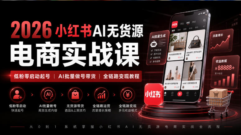 2026小红书AI无货源电商实战课|低粉零启动起号|AI批量做号带货全链路变现教程-赛德副业库