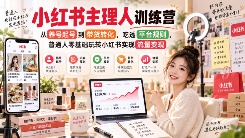 小红书主理人训练营,从养号起号到带货转化,吃透平台规则,普通人零基础玩转小红书实现流量变现-赛德副业库