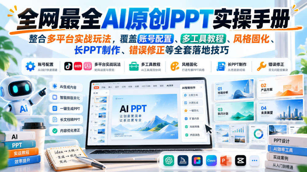 全网最全AI原创PPT实操手册,整合多平台实战玩法,覆盖账号配置、多工具教程、风格固化、长PPT制作、错误修正等全套落地技巧-赛德副业库