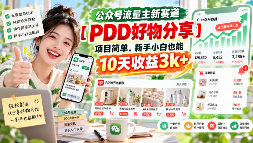 公众号流量主新赛道【PDD好物分享】，项目简单，新手小白也能10天收益3k+-赛德副业库