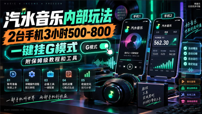 汽水音乐内部玩法,2台手机3小时500-800,一键挂G模式,附保姆级教程和工具【揭秘】-赛德副业库