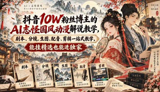 抖音10W粉丝博主的AI志怪国风动漫解说教学,剧本、分镜、生图、配音、剪辑一站式教学,能挂精选也能进独家-赛德副业库