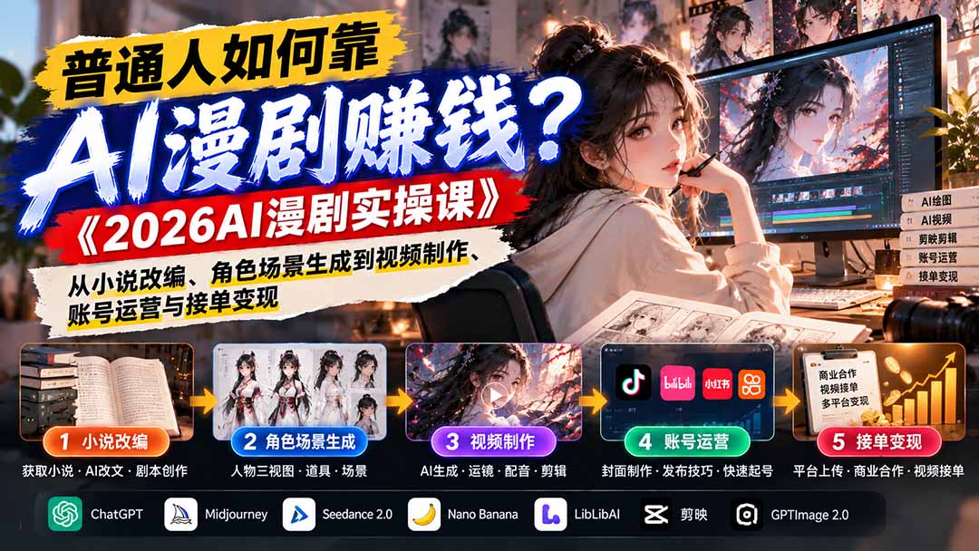 （21173期）普通人如何靠AI漫剧赚钱？《2026AI漫剧实操课》从小说改编、角色场景生成到视频制作、账号运营与接单变现-赛德副业库
