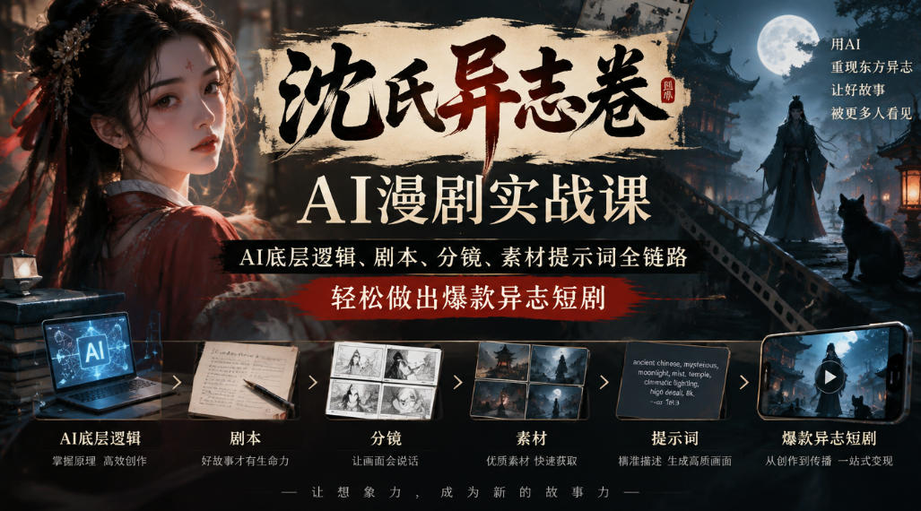 沈氏异志卷AI漫剧实战课｜AI底层逻辑、剧本、分镜、素材提示词全链路，轻松做出爆款异志短剧-赛德副业库