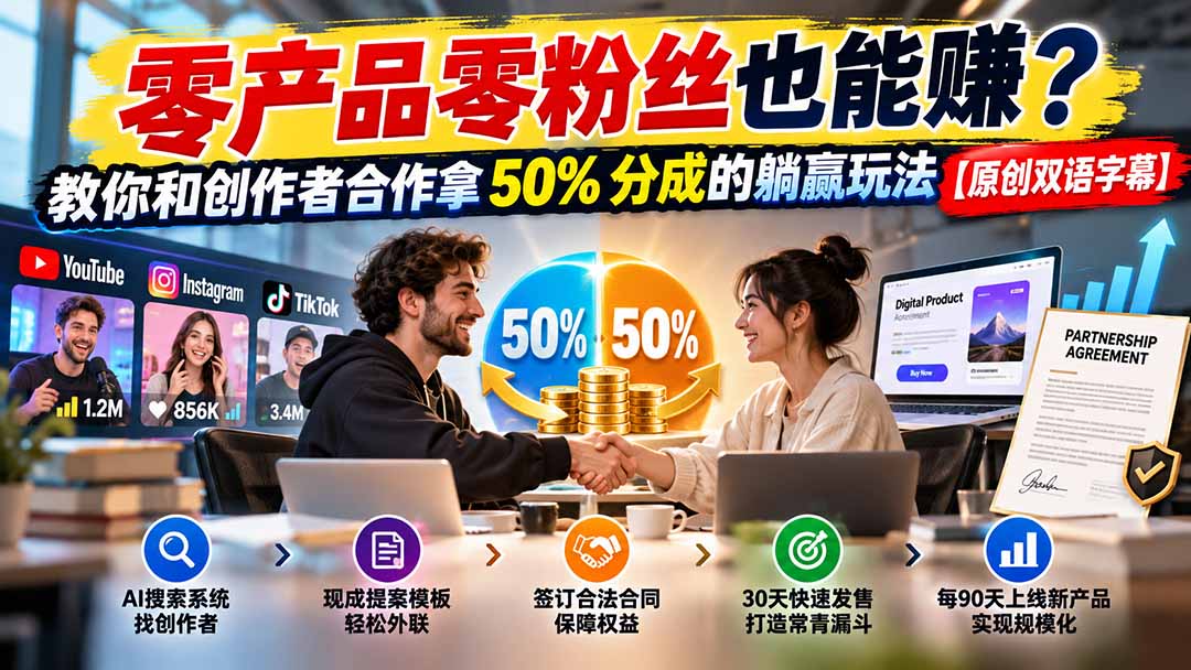 （20957期）零产品零粉丝也能赚？教你和创作者合作拿 50% 分成的躺赢玩法【原创双语字幕】-赛德副业库