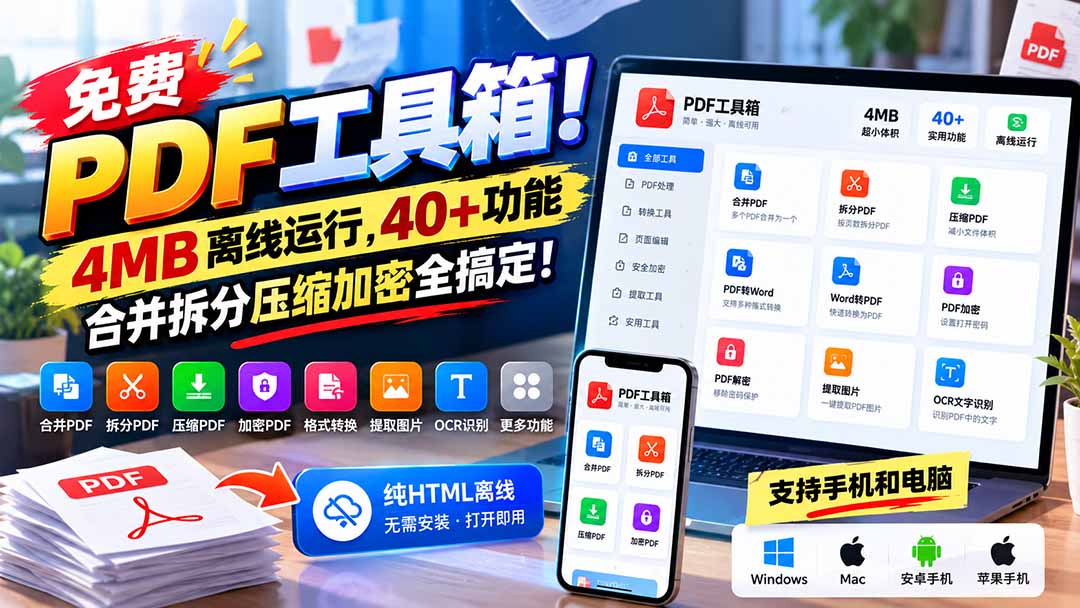 （21197期）免费PDF工具箱！4MB离线运行，40+功能，合并拆分压缩加密全搞定！-赛德副业库