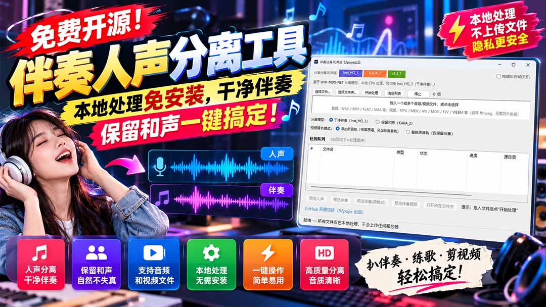 （21198期）免费开源！伴奏人声分离工具，本地处理免安装，干净伴奏，保留和声一键搞定！-赛德副业库