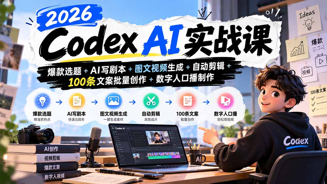 (20899期)2026Codex AI实战课:爆款选题+AI写剧本+图文视频生成+自动剪辑+100条文案批量创作+数字人口播制作-赛德副业库