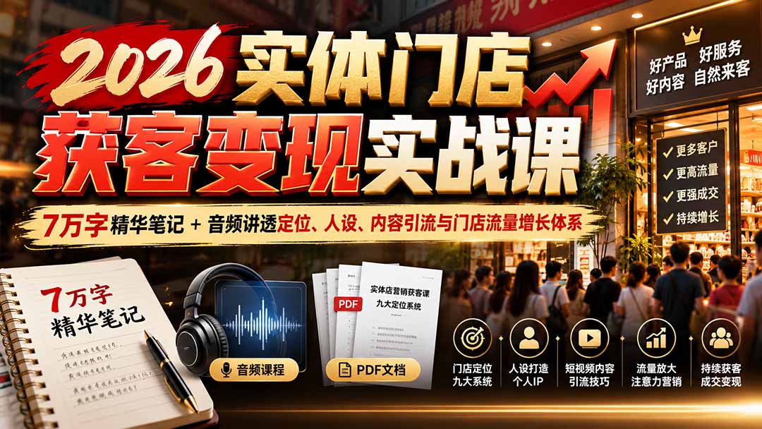 (20832期)2026实体门店获客变现实战课:7万字精华笔记+音频讲透定位、人设、内容引流与门店流量增长体系-赛德副业库