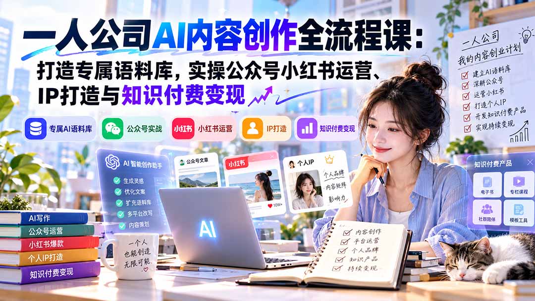 （20866期）一人公司AI内容创作全流程课：打造专属语料库，实操公众号小红书运营、IP打造与知识付费变现方法论-赛德副业库
