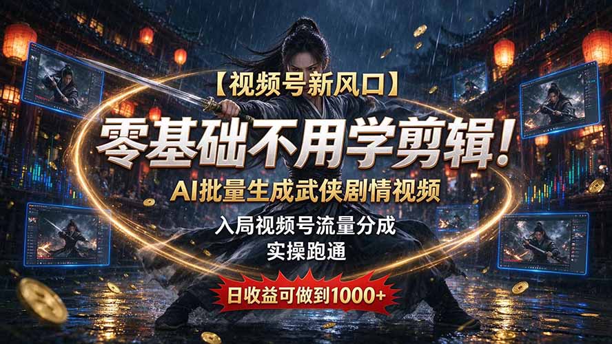 (20780期)【视频号新风口】零基础不用学剪辑!AI 批量生成武侠剧情视频,入局视频号流量分成,实操跑通,日收益可做到 1000+-赛德副业库
