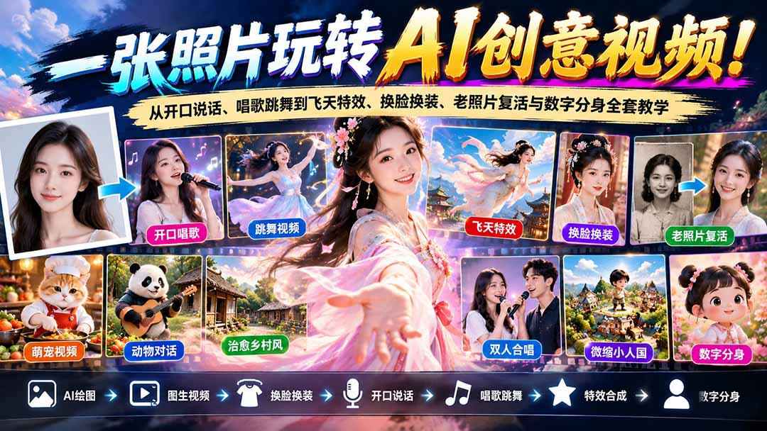 (21202期)一张照片玩转AI创意视频!从开口说话、唱歌跳舞到飞天特效、换脸换装、老照片复活与数字分身全套教学-赛德副业库
