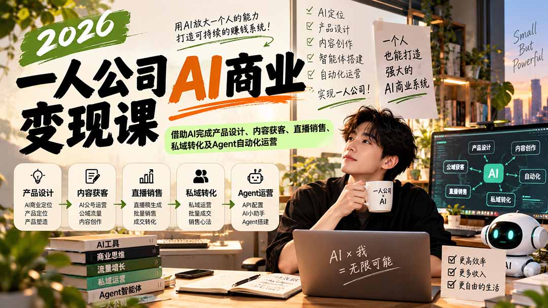 （20901期）2026一人公司AI商业变现课：借助AI完成产品设计、内容获客、直播销售、私域转化及Agent自动化运营-赛德副业库