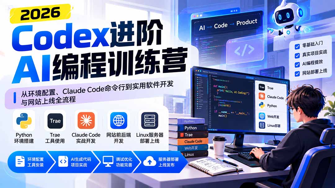 （20855期）Codex进阶AI编程训练营：从环境配置、Claude Code命令行到实用软件开发与网站上线全流程-赛德副业库