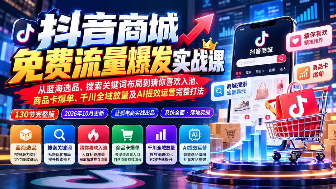 （20959期）抖音商城免费流量爆发实战：从蓝海选品、搜索关键词布局到猜你喜欢入池、商品卡爆单、千川全域放量及AI提效完整打法-赛德副业库