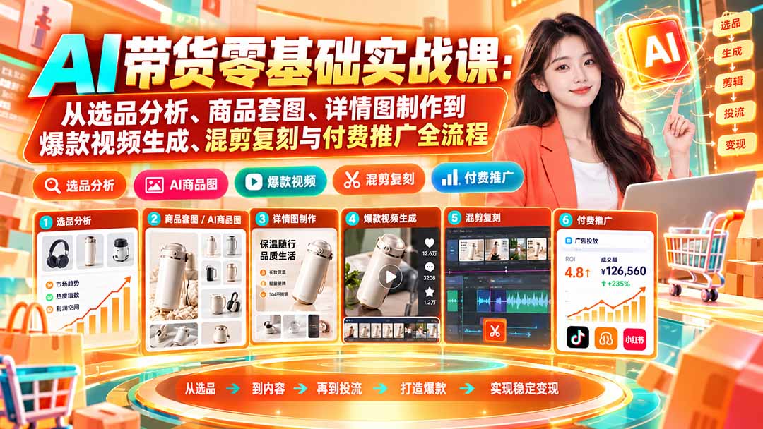 （20856期）AI带货零基础实战课：从选品分析、商品套图、详情图制作到爆款视频生成、混剪复刻与付费推广全流程-赛德副业库