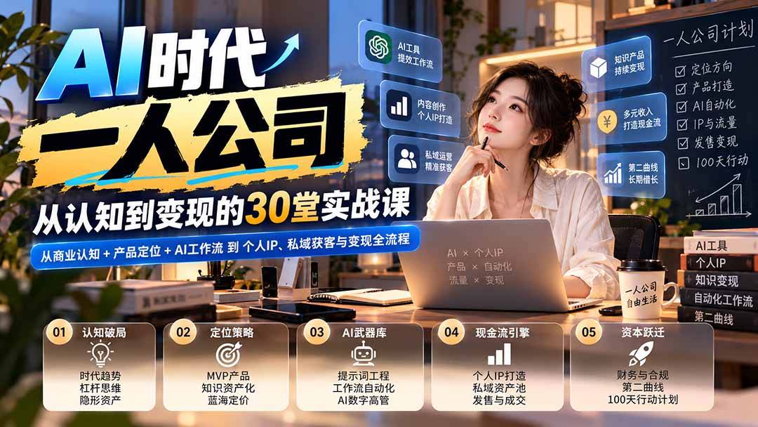 (20847期)【无水印】AI时代一人公司30堂实战课:从商业认知+产品定位+AI工作流到个人IP、私域获客与变现全流程-赛德副业库